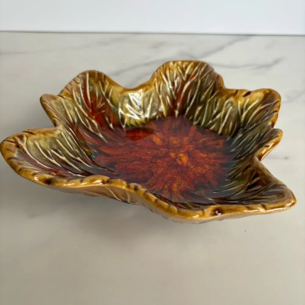 Vintage USA Pottery 721 Leaf Bowl Dish Brown Red Green Glaze Mid Century Decor
